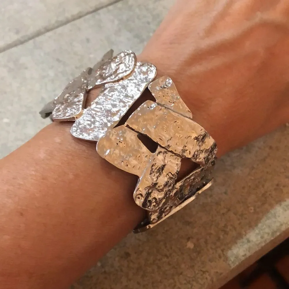 Silver tone wide stretch bracelet hammered